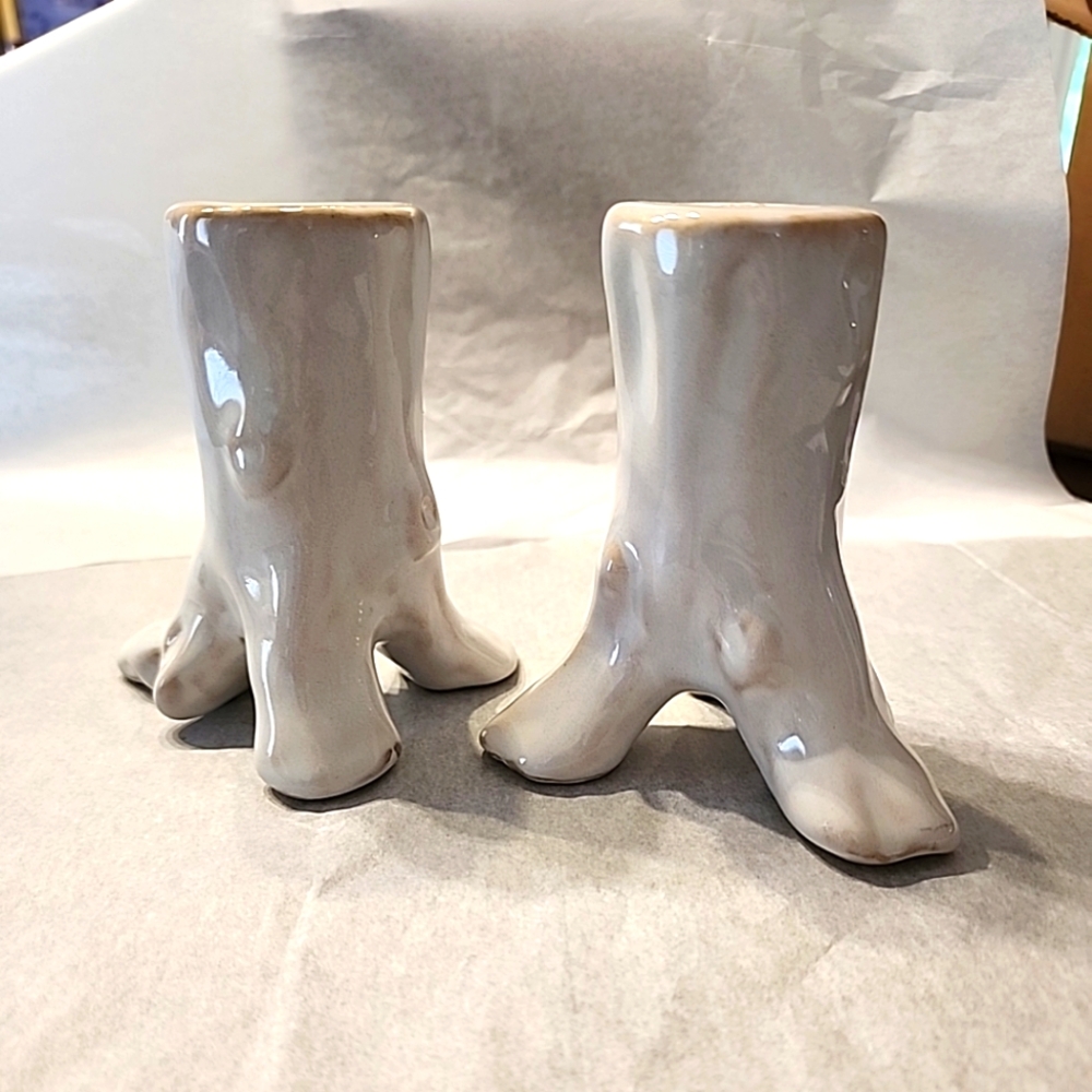 Ceramic Tree Stump Candle Holders Set of 2 Trunk White Glazed Bark Taper Decor